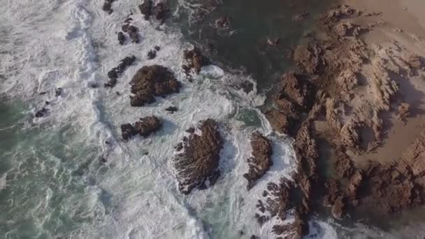 Foaming White Ocean Waves Break Jagged Rocks Shore Buffalo Bay — стоковое видео