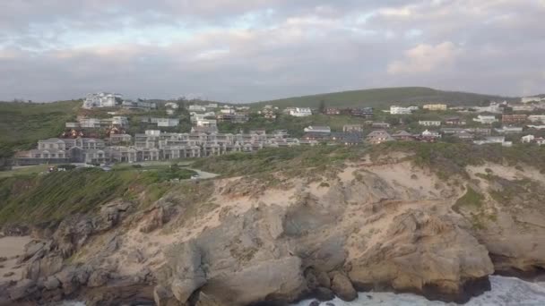 Steep Rugged Shoreline Brenton Sea Seagull Attack Aerial — Stock video