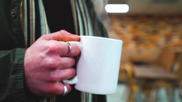 Middle Aged Man Holding Mug Ring Close Hands Coffee Mug — Vídeo de Stock