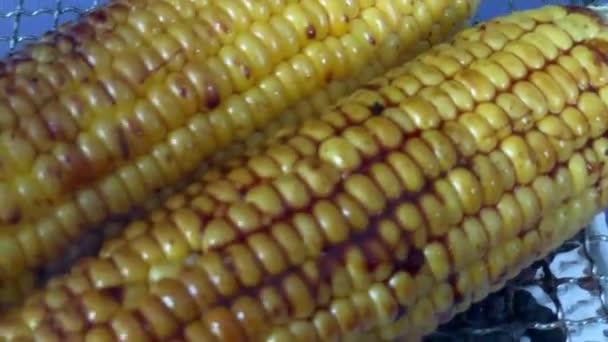 Japanese Female Chef Puts Shoyu Soy Sauce Grilled Corn Her — Stock Video