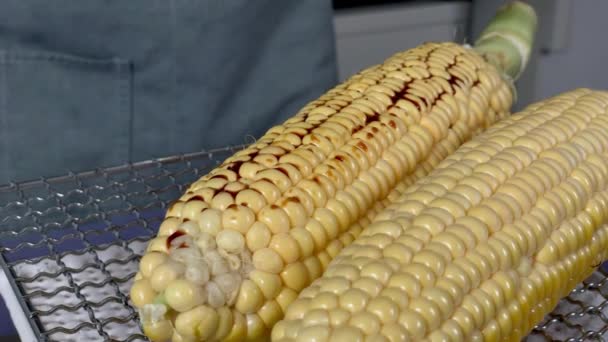 Japanese Female Chef Puts Shoyu Soy Sauce Grilled Corn Her — Video Stock