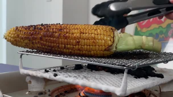 Japanese Female Chef Rolls Grilled Corn Her Home Kitchen Tokyo — Stockvideo