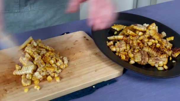 Japanese Female Chef Scoops Kernels Scraper Home Kitchen Tokyo Japan — Video