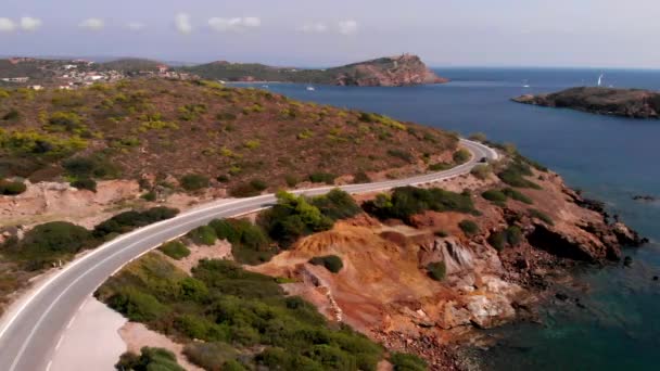 Car Disappears Corner Winding Road Cape Sounion Static Aerial — Stock video