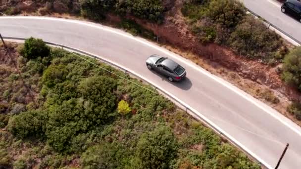 Bmw Car Exploring Alone Road Coast Greece Aerial Tracking Flyover — Vídeo de Stock