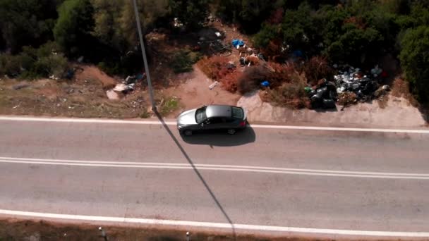 Bmw Car Side Road Driving Away Greece Aerial Tracking Shot — Αρχείο Βίντεο