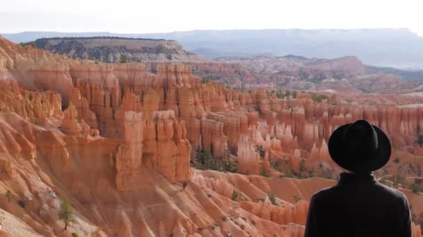 Tourist Black Hat Looking Hoodoos Bryce Canyon National Park Utah — Αρχείο Βίντεο