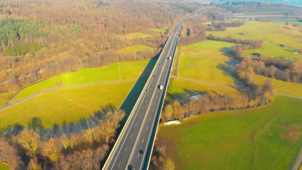 Drone Flight Highway Bridge Cars Trucks Panorama View — Stock Video