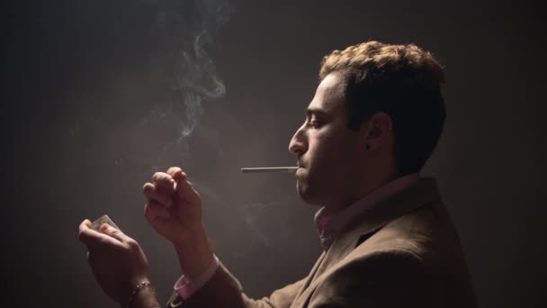 Young Male Lights Cigarette Matchbox Smokes Close Slow Motion — Αρχείο Βίντεο