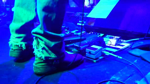 Musician Playing Guitar Tapping Effects Unit Pedal Close — Vídeo de Stock