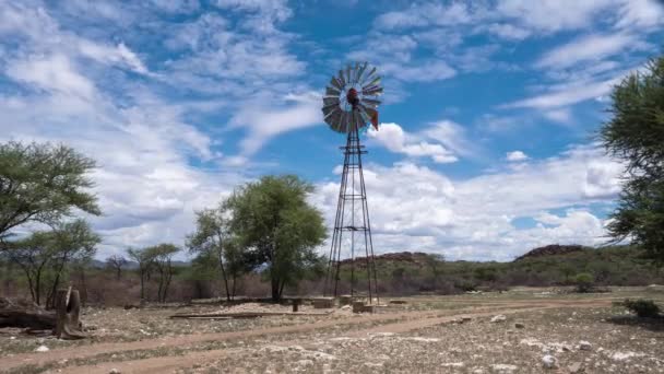 Timelapse Windpump Clouds Forming Disappearing Farm Namibia — стоковое видео