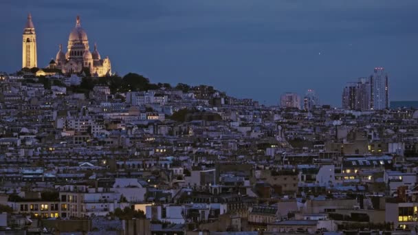 Aerial View Sacre Couer Cathedral Dusk High Rooftops Paris France — Stockvideo