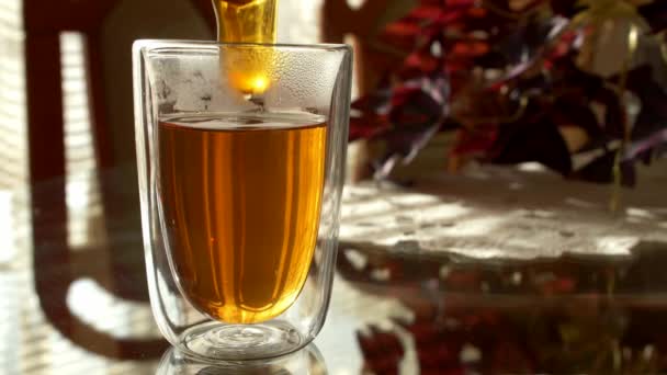 Adding Spoon Honey Transparent Glass Tea Stirring Real Time — 图库视频影像