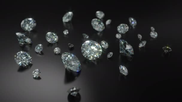 Group Different Sized Cut Diamonds Rotating Black Shiny Surface Rendered — Wideo stockowe