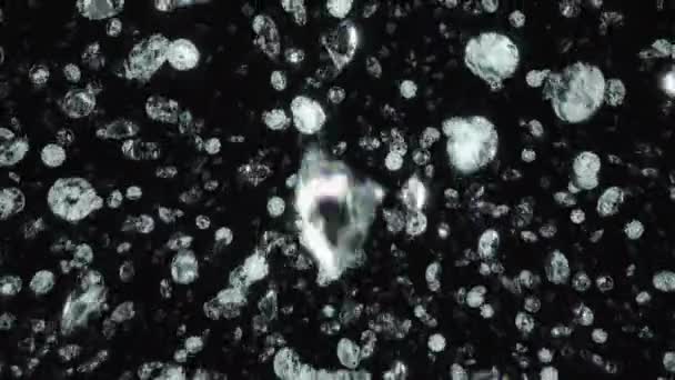 Diamonds Rotating Falling Camera Lens Black Background Slow Motion Rendered — Stockvideo