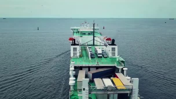 Aerial View Ferry Visible Trucks Parked Deck Full Load — 图库视频影像