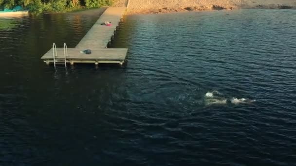 Man Swimming Lake Afternoon — Stockvideo