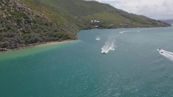 Aerial Waterskiing Surfboard Sunny Knysna Lagoon South Africa — Wideo stockowe