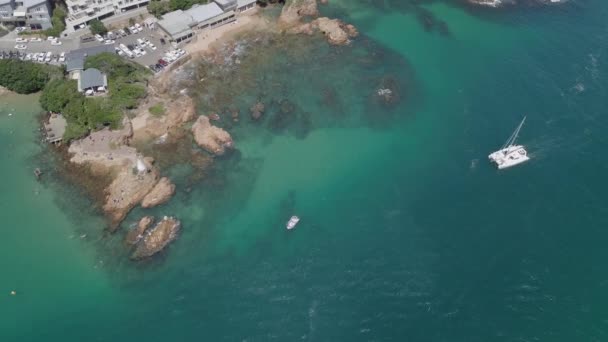 Catamaran Approaches Shore Knysna East Head South African Aerial — стокове відео