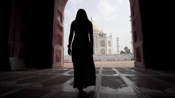 Mujer Vestida Caminando Hacia Taj Mahal Ángulo Bajo Movimiento Lento — Vídeos de Stock