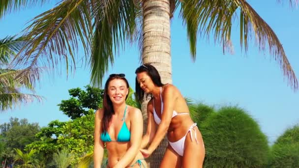 Beautiful Young Women Putting Sunscreen Carefully Bodies Exotic Beach Palm — Vídeo de Stock