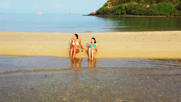 Beautiful Young Ladies Watching Beautiful Cost Tropical Island Sunbathe Sandy — Video Stock