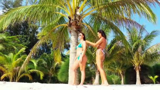 Attractive Women Styling Hair Standing White Sand Exotic Beach Palm — Vídeos de Stock