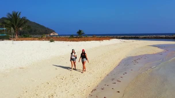 Trendy Girls Shorts Shirts Walking Slowly White Sandy Beach Alongside — ストック動画