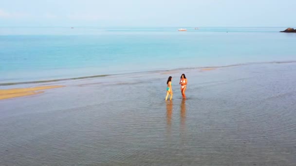 Young Women Taking Photos Smartphone Peaceful Seascape Calm Lagoon Shoreline — стокове відео