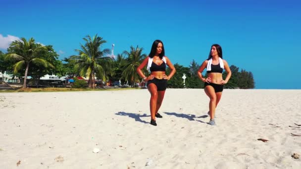 Girls Fitness Sportswear Exercising Gymnastics Beach Vacations Resort Palm Trees — ストック動画