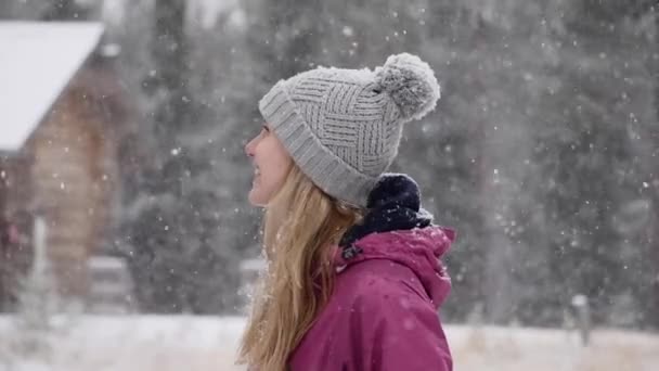 Medium Shot Young Caucasian Lady Enjoying Snow Slow Motion — Video