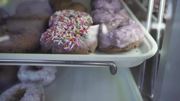 Пончики Брызгами Черничной Глазурью Выставке Магазине Пончиков — стоковое видео