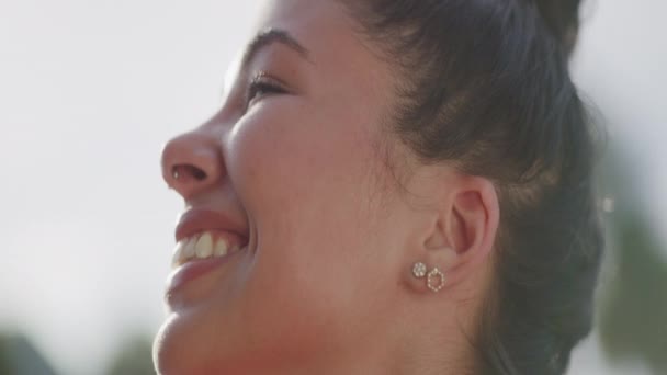 Young Hispanic Woman Laughs Smiles Close Slow Motion — Vídeos de Stock