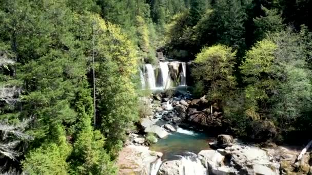 コキル滝の滝をまっすぐ飛ぶドローン映像と木々の谷に囲まれた岩と岩の間を流れる自然のきれいな水 — ストック動画