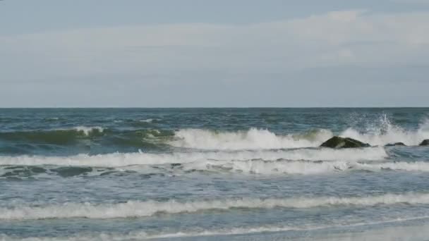 Amigos Corren Hacia Océano Día Soleado Folly Beach Medio Estático — Vídeo de stock
