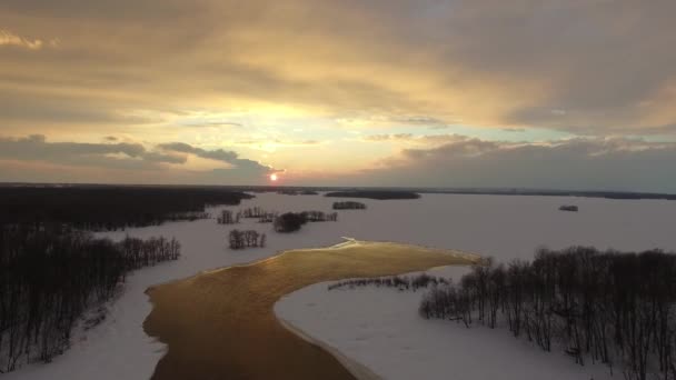 无人机带着几棵树在冰冻的水面上飞行时看到了日落 — 图库视频影像