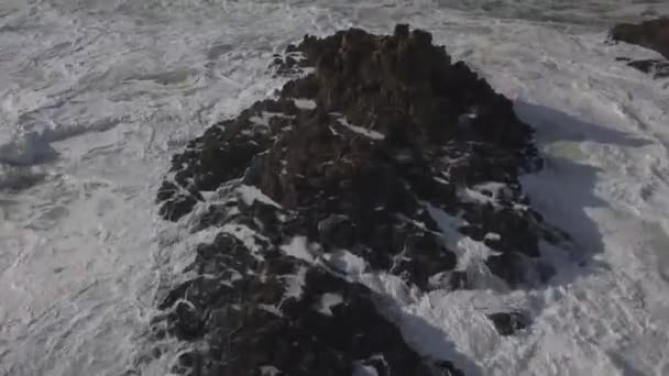 泡沫般的 混乱的海浪冲破了海岸岩石上的白浪 — 图库视频影像