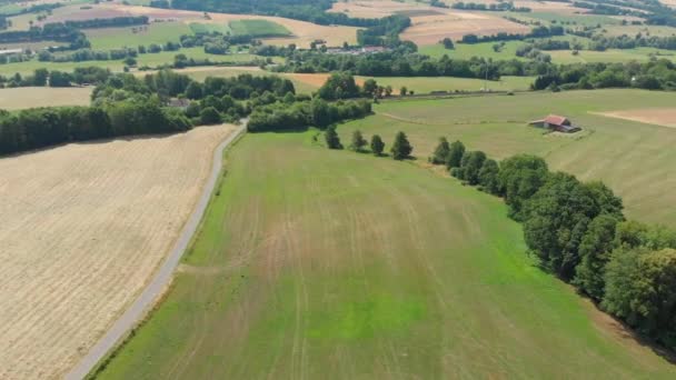 Drone Volando Sobre Tierras Cultivo Con Cobertizo — Vídeo de stock
