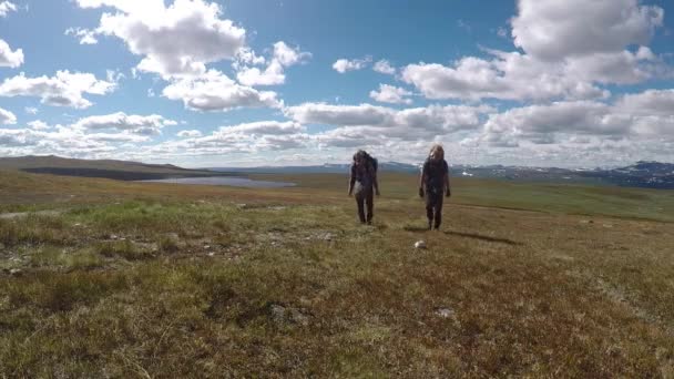 Zwei Glückliche Wanderer Die Den Bergen Vor Malerischem Hintergrund Auf — Stockvideo