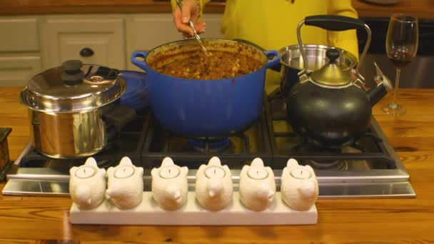 Older Female Woman Stirs Pot Taco Soup Spoon Close Static — Vídeo de Stock