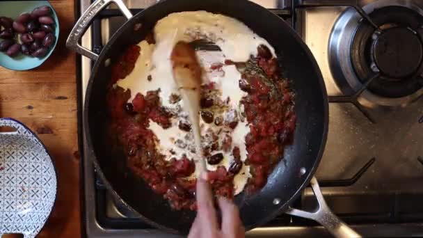 Overhead Timelapse Matlagning Italiensk Maträtt Stekpanna — Stockvideo