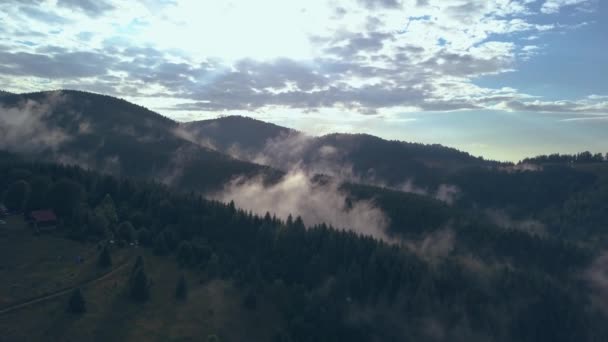 Gorgeous Overhead Aerial Drone Shot Clouds Revealing Campground Romanian Mountainside — Stock Video