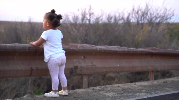 冬の風景の中に夕日で田舎の低い橋の上に立っている小さな南アフリカの女の子と彼女の右に見える — ストック動画