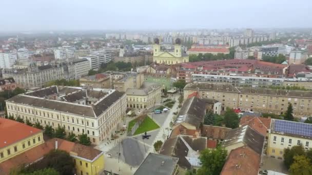 Drone Footage Church Debrecen Citys Main Squarein Rainy Weather Autumn — Stock Video