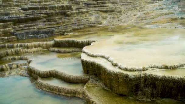 Mammoth Hot Springs Yellowstone National Park Close View Trickling Steamy — Stock Video