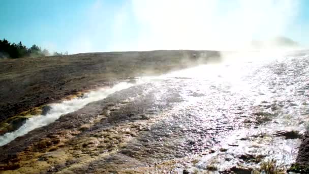 Stomen Warm Water Stroomt Firehole River Bij Prismatic Hot Springs — Stockvideo