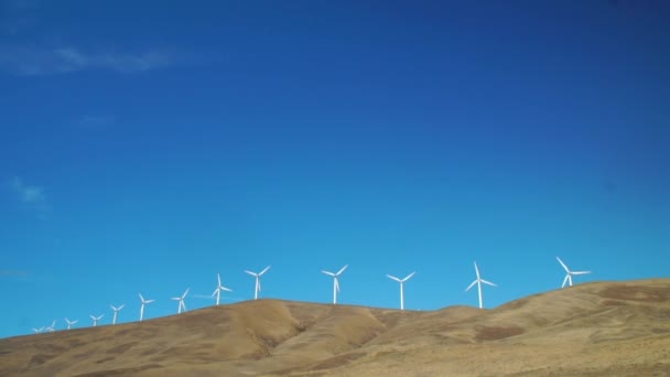 在华盛顿州的哥伦比亚河流域 风车在一个暴露的被风吹过的风景中捕捉了大自然的力量 — 图库视频影像