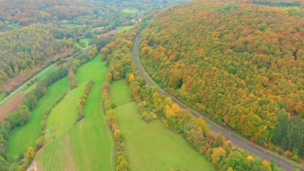 Aerial Drone Shot Freight Train Vibrant Autumn Colours — Αρχείο Βίντεο