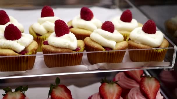 Exibição Cupcakes Framboesa Morango Bandeja Vidro Padaria Tiro Perto — Vídeo de Stock