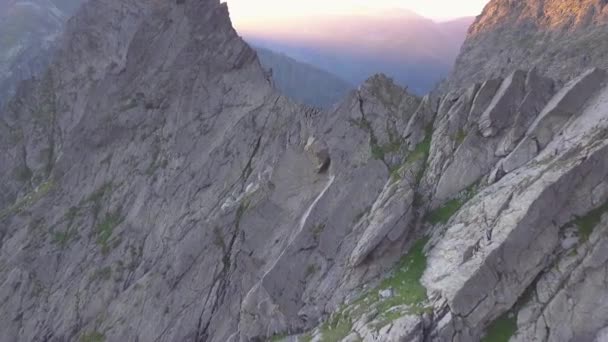 Drone View Flying Jagged Ridgeline High Mountains Romania Colorful Light — Stock Video